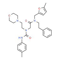 ChemSpider 2D Image | N-[(5-Methyl-2-furyl)methyl]-N~2~-[(4-methylphenyl)carbamoyl]-N~2~-[2-(4-morpholinyl)ethyl]-N-(2-phenylethyl)glycinamide | C30H38N4O4