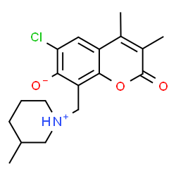 ChemSpider 2D Image | 6-Chloro-3,4-dimethyl-8-[(3-methyl-1-piperidiniumyl)methyl]-2-oxo-2H-chromen-7-olate | C18H22ClNO3