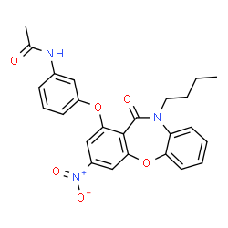 ChemSpider 2D Image | N-{3-[(10-Butyl-3-nitro-11-oxo-10,11-dihydrodibenzo[b,f][1,4]oxazepin-1-yl)oxy]phenyl}acetamide | C25H23N3O6