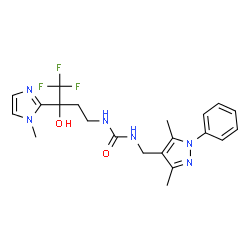 ChemSpider 2D Image | 1-[(3,5-Dimethyl-1-phenyl-1H-pyrazol-4-yl)methyl]-3-[4,4,4-trifluoro-3-hydroxy-3-(1-methyl-1H-imidazol-2-yl)butyl]urea | C21H25F3N6O2