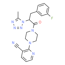 ChemSpider 2D Image | 2-{4-[3-(3-Fluorophenyl)-2-(5-methyl-1H-tetrazol-1-yl)propanoyl]-1-piperazinyl}nicotinonitrile | C21H21FN8O
