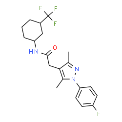 ChemSpider 2D Image | 2-[1-(4-Fluorophenyl)-3,5-dimethyl-1H-pyrazol-4-yl]-N-[3-(trifluoromethyl)cyclohexyl]acetamide | C20H23F4N3O