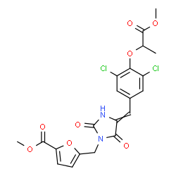 ChemSpider 2D Image | Methyl 5-[(4-{3,5-dichloro-4-[(1-methoxy-1-oxo-2-propanyl)oxy]benzylidene}-2,5-dioxo-1-imidazolidinyl)methyl]-2-furoate | C21H18Cl2N2O8