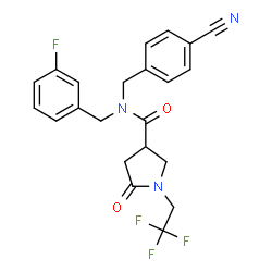ChemSpider 2D Image | N-(4-Cyanobenzyl)-N-(3-fluorobenzyl)-5-oxo-1-(2,2,2-trifluoroethyl)-3-pyrrolidinecarboxamide | C22H19F4N3O2