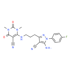 ChemSpider 2D Image | 6-({3-[5-Amino-4-cyano-1-(4-fluorophenyl)-1H-pyrazol-3-yl]propyl}amino)-1,3-dimethyl-2,4-dioxo-1,2,3,4-tetrahydro-5-pyrimidinecarbonitrile | C20H19FN8O2