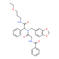 ChemSpider 2D Image | N-{2-[(1,3-Benzodioxol-5-ylmethyl){2-[(3-ethoxypropyl)amino]-2-oxo-1-phenylethyl}amino]-2-oxoethyl}benzamide | C30H33N3O6