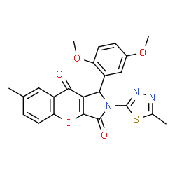 ChemSpider 2D Image | 1-(2,5-Dimethoxyphenyl)-7-methyl-2-(5-methyl-1,3,4-thiadiazol-2-yl)-1,2-dihydrochromeno[2,3-c]pyrrole-3,9-dione | C23H19N3O5S
