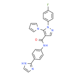 ChemSpider 2D Image | 1-(4-Fluorophenyl)-N-[4-(1H-imidazol-2-yl)phenyl]-5-(1H-pyrrol-1-yl)-1H-pyrazole-4-carboxamide | C23H17FN6O
