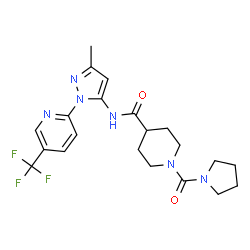 ChemSpider 2D Image | N-{3-Methyl-1-[5-(trifluoromethyl)-2-pyridinyl]-1H-pyrazol-5-yl}-1-(1-pyrrolidinylcarbonyl)-4-piperidinecarboxamide | C21H25F3N6O2