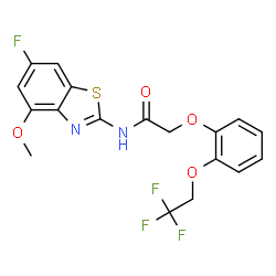 ChemSpider 2D Image | N-(6-Fluoro-4-methoxy-1,3-benzothiazol-2-yl)-2-[2-(2,2,2-trifluoroethoxy)phenoxy]acetamide | C18H14F4N2O4S