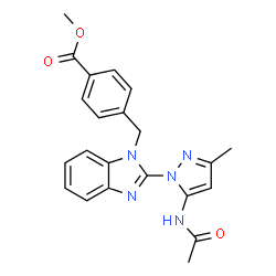 ChemSpider 2D Image | Methyl 4-{[2-(5-acetamido-3-methyl-1H-pyrazol-1-yl)-1H-benzimidazol-1-yl]methyl}benzoate | C22H21N5O3