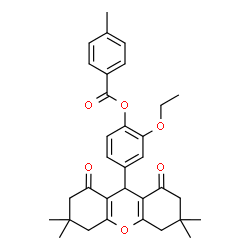 ChemSpider 2D Image | 2-Ethoxy-4-(3,3,6,6-tetramethyl-1,8-dioxo-2,3,4,5,6,7,8,9-octahydro-1H-xanthen-9-yl)phenyl 4-methylbenzoate | C33H36O6