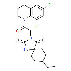 ChemSpider 2D Image | 3-[2-(6-Chloro-8-fluoro-3,4-dihydro-1(2H)-quinolinyl)-2-oxoethyl]-8-ethyl-1,3-diazaspiro[4.5]decane-2,4-dione | C21H25ClFN3O3