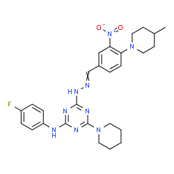 ChemSpider 2D Image | N-(4-Fluorophenyl)-4-{2-[4-(4-methyl-1-piperidinyl)-3-nitrobenzylidene]hydrazino}-6-(1-piperidinyl)-1,3,5-triazin-2-amine | C27H32FN9O2