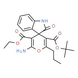 ChemSpider 2D Image | 3'-Ethyl 5'-(2-methyl-2-propanyl) 2'-amino-2-oxo-6'-propyl-1,2-dihydrospiro[indole-3,4'-pyran]-3',5'-dicarboxylate | C23H28N2O6