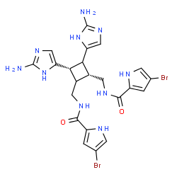 ChemSpider 2D Image | N,N'-{[(1R,3S)-3,4-Bis(2-amino-1H-imidazol-5-yl)-1,2-cyclobutanediyl]bis(methylene)}bis(4-bromo-1H-pyrrole-2-carboxamide) | C22H24Br2N10O2
