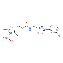 ChemSpider 2D Image | N-{[3-(3-Chlorophenyl)-1,2,4-oxadiazol-5-yl]methyl}-3-(3,5-dimethyl-4-nitro-1H-pyrazol-1-yl)propanamide | C17H17ClN6O4