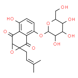 ChemSpider 2D Image | 6-Hydroxy-1a-(3-methyl-2-buten-1-yl)-2,7-dioxo-1a,2,7,7a-tetrahydronaphtho[2,3-b]oxiren-3-yl hexopyranoside | C21H24O10