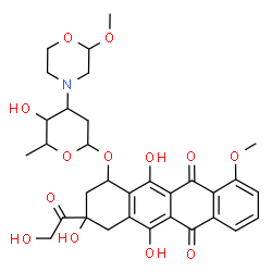 ChemSpider 2D Image | 3-Glycoloyl-3,5,12-trihydroxy-10-methoxy-6,11-dioxo-1,2,3,4,6,11-hexahydro-1-tetracenyl 2,3,6-trideoxy-3-(2-methoxy-4-morpholinyl)hexopyranoside | C32H37NO13