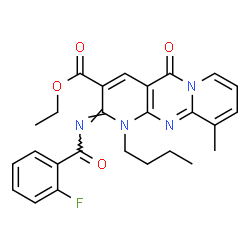 ChemSpider 2D Image | Ethyl (2Z)-1-butyl-2-[(2-fluorobenzoyl)imino]-10-methyl-5-oxo-1,5-dihydro-2H-dipyrido[1,2-a:2',3'-d]pyrimidine-3-carboxylate | C26H25FN4O4