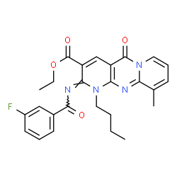 ChemSpider 2D Image | Ethyl (2Z)-1-butyl-2-[(3-fluorobenzoyl)imino]-10-methyl-5-oxo-1,5-dihydro-2H-dipyrido[1,2-a:2',3'-d]pyrimidine-3-carboxylate | C26H25FN4O4