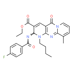 ChemSpider 2D Image | Ethyl (2Z)-1-butyl-2-[(4-fluorobenzoyl)imino]-10-methyl-5-oxo-1,5-dihydro-2H-dipyrido[1,2-a:2',3'-d]pyrimidine-3-carboxylate | C26H25FN4O4