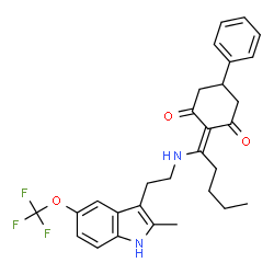 ChemSpider 2D Image | 2-[1-({2-[2-Methyl-5-(trifluoromethoxy)-1H-indol-3-yl]ethyl}amino)pentylidene]-5-phenyl-1,3-cyclohexanedione | C29H31F3N2O3
