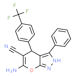 ChemSpider 2D Image | 6-Amino-3-phenyl-4-[4-(trifluoromethyl)phenyl]-2,4-dihydropyrano[2,3-c]pyrazole-5-carbonitrile | C20H13F3N4O