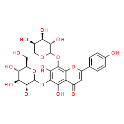ChemSpider 2D Image | 8-(D-Arabinopyranosyloxy)-5,7-dihydroxy-2-(4-hydroxyphenyl)-4-oxo-4H-chromen-6-yl D-glucopyranoside | C26H28O16