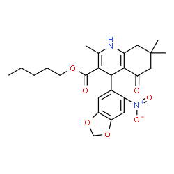 ChemSpider 2D Image | Pentyl 2,7,7-trimethyl-4-(6-nitro-1,3-benzodioxol-5-yl)-5-oxo-1,4,5,6,7,8-hexahydro-3-quinolinecarboxylate | C25H30N2O7