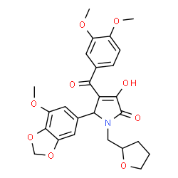 ChemSpider 2D Image | 4-(3,4-Dimethoxybenzoyl)-3-hydroxy-5-(7-methoxy-1,3-benzodioxol-5-yl)-1-(tetrahydro-2-furanylmethyl)-1,5-dihydro-2H-pyrrol-2-one | C26H27NO9