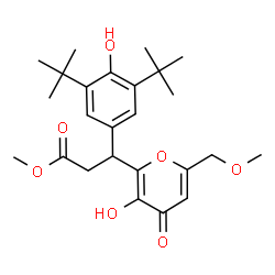 ChemSpider 2D Image | Methyl 3-[4-hydroxy-3,5-bis(2-methyl-2-propanyl)phenyl]-3-[3-hydroxy-6-(methoxymethyl)-4-oxo-4H-pyran-2-yl]propanoate | C25H34O7