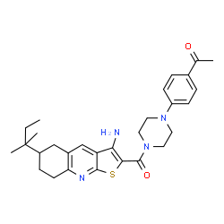 ChemSpider 2D Image | 1-[4-(4-{[3-Amino-6-(2-methyl-2-butanyl)-5,6,7,8-tetrahydrothieno[2,3-b]quinolin-2-yl]carbonyl}-1-piperazinyl)phenyl]ethanone | C29H36N4O2S
