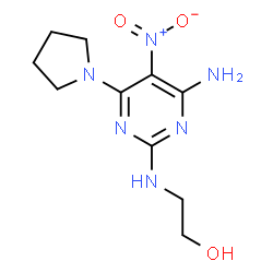 ChemSpider 2D Image | 2-{[4-Amino-5-nitro-6-(1-pyrrolidinyl)-2-pyrimidinyl]amino}ethanol | C10H16N6O3