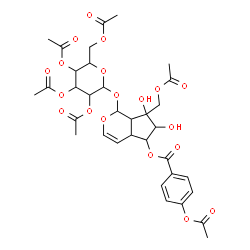ChemSpider 2D Image | 7-(Acetoxymethyl)-6,7-dihydroxy-1-[(2,3,4,6-tetra-O-acetylhexopyranosyl)oxy]-1,4a,5,6,7,7a-hexahydrocyclopenta[c]pyran-5-yl 4-acetoxybenzoate | C34H40O19