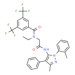 ChemSpider 2D Image | N-Ethyl-N-(2-{[3-methyl-1-(2-methylphenyl)-4-phenyl-1H-pyrazol-5-yl]amino}-2-oxoethyl)-3,5-bis(trifluoromethyl)benzamide | C30H26F6N4O2
