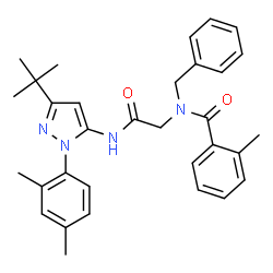 ChemSpider 2D Image | N-Benzyl-N-(2-{[1-(2,4-dimethylphenyl)-3-(2-methyl-2-propanyl)-1H-pyrazol-5-yl]amino}-2-oxoethyl)-2-methylbenzamide | C32H36N4O2