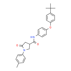 ChemSpider 2D Image | 1-(4-Methylphenyl)-N-{4-[4-(2-methyl-2-propanyl)phenoxy]phenyl}-5-oxo-3-pyrrolidinecarboxamide | C28H30N2O3