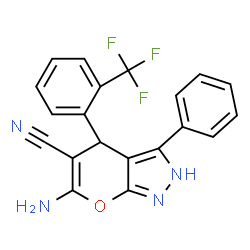 ChemSpider 2D Image | 6-Amino-3-phenyl-4-[2-(trifluoromethyl)phenyl]-2,4-dihydropyrano[2,3-c]pyrazole-5-carbonitrile | C20H13F3N4O