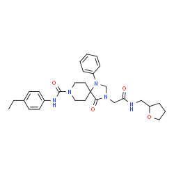 ChemSpider 2D Image | N-(4-Ethylphenyl)-4-oxo-3-{2-oxo-2-[(tetrahydro-2-furanylmethyl)amino]ethyl}-1-phenyl-1,3,8-triazaspiro[4.5]decane-8-carboxamide | C29H37N5O4