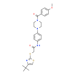 ChemSpider 2D Image | N-{4-[4-(4-Methoxybenzoyl)-1-piperazinyl]phenyl}-2-{[4-(2-methyl-2-propanyl)-1,3-thiazol-2-yl]sulfanyl}acetamide | C27H32N4O3S2
