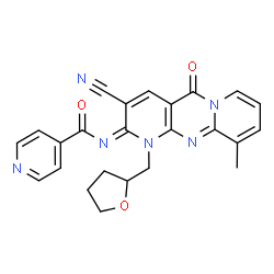 ChemSpider 2D Image | N-[(2E)-3-Cyano-10-methyl-5-oxo-1-(tetrahydro-2-furanylmethyl)-1,5-dihydro-2H-dipyrido[1,2-a:2',3'-d]pyrimidin-2-ylidene]isonicotinamide | C24H20N6O3