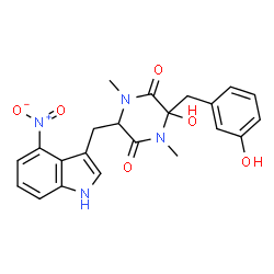 ChemSpider 2D Image | 3-Hydroxy-3-(3-hydroxybenzyl)-1,4-dimethyl-6-[(4-nitro-1H-indol-3-yl)methyl]-2,5-piperazinedione | C22H22N4O6