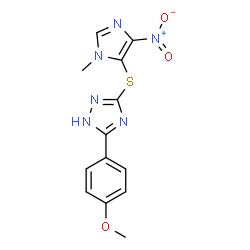 ChemSpider 2D Image | 5-(4-Methoxyphenyl)-3-[(1-methyl-4-nitro-1H-imidazol-5-yl)sulfanyl]-1H-1,2,4-triazole | C13H12N6O3S