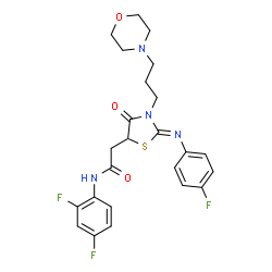 ChemSpider 2D Image | N-(2,4-Difluorophenyl)-2-{(2Z)-2-[(4-fluorophenyl)imino]-3-[3-(4-morpholinyl)propyl]-4-oxo-1,3-thiazolidin-5-yl}acetamide | C24H25F3N4O3S