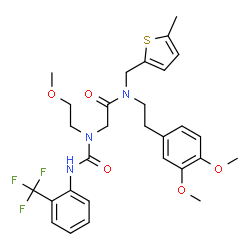 ChemSpider 2D Image | N-[2-(3,4-Dimethoxyphenyl)ethyl]-N~2~-(2-methoxyethyl)-N-[(5-methyl-2-thienyl)methyl]-N~2~-{[2-(trifluoromethyl)phenyl]carbamoyl}glycinamide | C29H34F3N3O5S