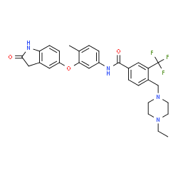 ChemSpider 2D Image | 4-[(4-Ethyl-1-piperazinyl)methyl]-N-{4-methyl-3-[(2-oxo-2,3-dihydro-1H-indol-5-yl)oxy]phenyl}-3-(trifluoromethyl)benzamide | C30H31F3N4O3