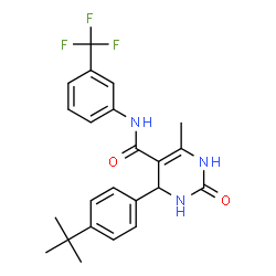 ChemSpider 2D Image | 6-Methyl-4-[4-(2-methyl-2-propanyl)phenyl]-2-oxo-N-[3-(trifluoromethyl)phenyl]-1,2,3,4-tetrahydro-5-pyrimidinecarboxamide | C23H24F3N3O2