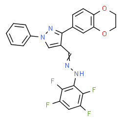 ChemSpider 2D Image | 3-(2,3-Dihydro-1,4-benzodioxin-6-yl)-1-phenyl-4-{[(2,3,5,6-tetrafluorophenyl)hydrazono]methyl}-1H-pyrazole | C24H16F4N4O2