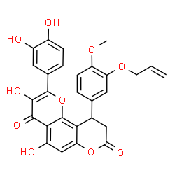 ChemSpider 2D Image | 10-[3-(Allyloxy)-4-methoxyphenyl]-2-(3,4-dihydroxyphenyl)-3,5-dihydroxy-9,10-dihydro-4H,8H-pyrano[2,3-f]chromene-4,8-dione | C28H22O10